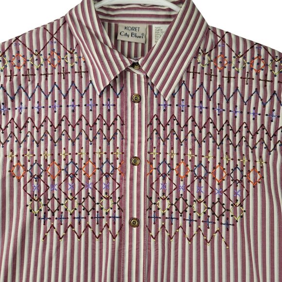 Koret City Blues Embroidered Button-Up Shirt Striped Claret M Shoulder Pads - Picture 2 of 8